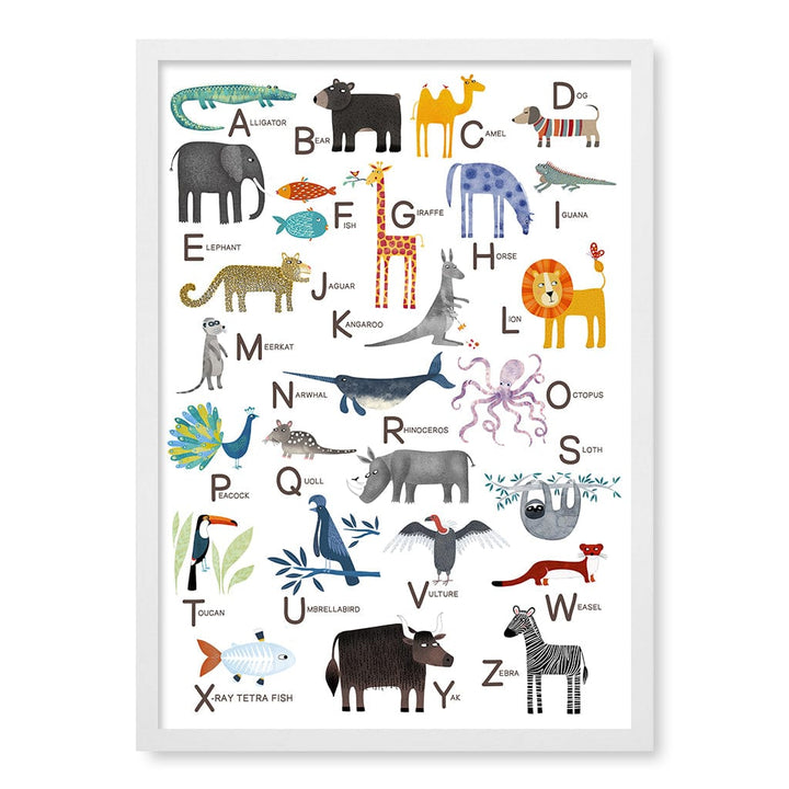 Alphabet Animals  Educational Nursery Wall Art Print A2 (42 x 59.4cm) / Matte White Frame / No Border from our Australian Made Framed Wall Art, Prints & Posters collection by Profile Products (Australia) Pty Ltd
