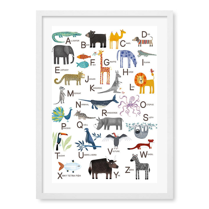 Alphabet Animals  Educational Nursery Wall Art Print A2 (42 x 59.4cm) / Matte White Frame / White Border from our Australian Made Framed Wall Art, Prints & Posters collection by Profile Products (Australia) Pty Ltd