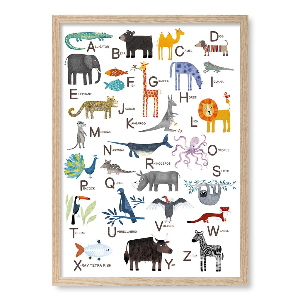 Alphabet Animals  Educational Nursery Wall Art Print A2 (42 x 59.4cm) / Natural Oak Frame / No Border from our Australian Made Framed Wall Art, Prints & Posters collection by Profile Products (Australia) Pty Ltd