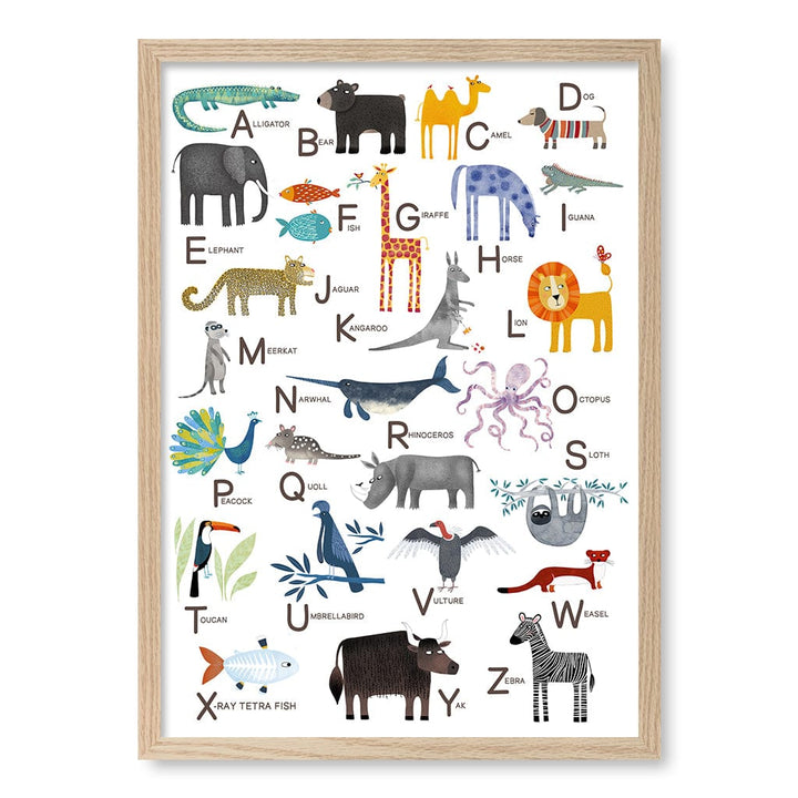 Alphabet Animals  Educational Nursery Wall Art Print A2 (42 x 59.4cm) / Natural Oak Frame / No Border from our Australian Made Framed Wall Art, Prints & Posters collection by Profile Products (Australia) Pty Ltd