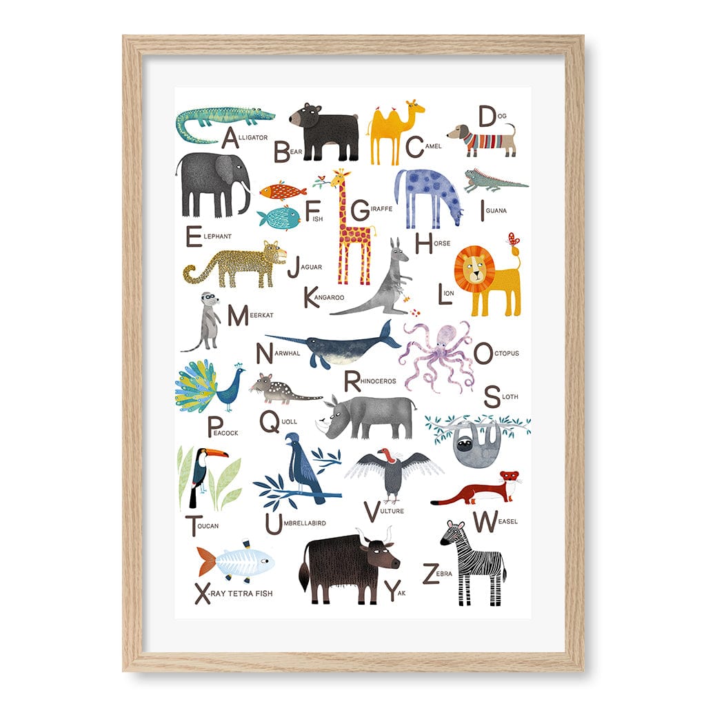 Alphabet Animals  Educational Nursery Wall Art Print A2 (42 x 59.4cm) / Natural Oak Frame / White Border from our Australian Made Framed Wall Art, Prints & Posters collection by Profile Products (Australia) Pty Ltd