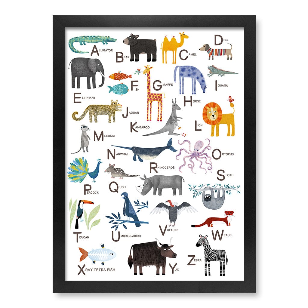 Alphabet Animals  Educational Nursery Wall Art Print A3 (29.7 x 42cm) / Matte Black Frame / No Border from our Australian Made Framed Wall Art, Prints & Posters collection by Profile Products (Australia) Pty Ltd