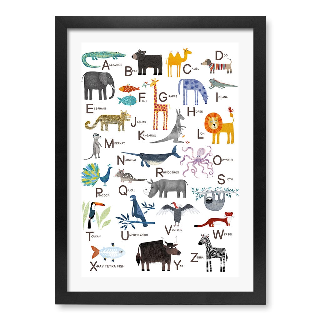 Alphabet Animals  Educational Nursery Wall Art Print A3 (29.7 x 42cm) / Matte Black Frame / White Border from our Australian Made Framed Wall Art, Prints & Posters collection by Profile Products (Australia) Pty Ltd