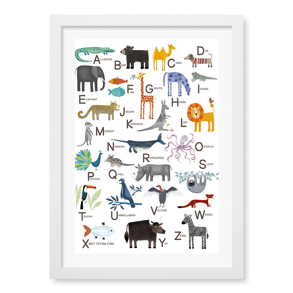 Alphabet Animals  Educational Nursery Wall Art Print A3 (29.7 x 42cm) / Matte White Frame / White Border from our Australian Made Framed Wall Art, Prints & Posters collection by Profile Products (Australia) Pty Ltd