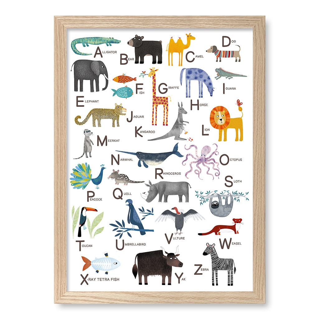 Alphabet Animals  Educational Nursery Wall Art Print A3 (29.7 x 42cm) / Natural Oak Frame / No Border from our Australian Made Framed Wall Art, Prints & Posters collection by Profile Products (Australia) Pty Ltd