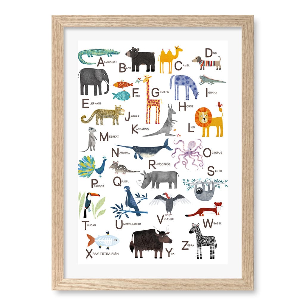 Alphabet Animals  Educational Nursery Wall Art Print A3 (29.7 x 42cm) / Natural Oak Frame / White Border from our Australian Made Framed Wall Art, Prints & Posters collection by Profile Products (Australia) Pty Ltd