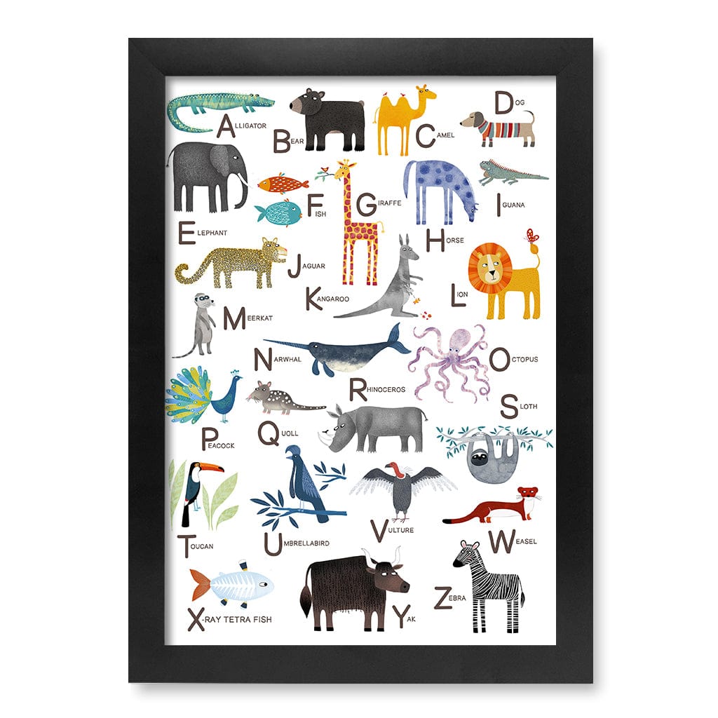 Alphabet Animals  Educational Nursery Wall Art Print A4 (21 x 29.7cm) / Matte Black Frame / No Border from our Australian Made Framed Wall Art, Prints & Posters collection by Profile Products (Australia) Pty Ltd