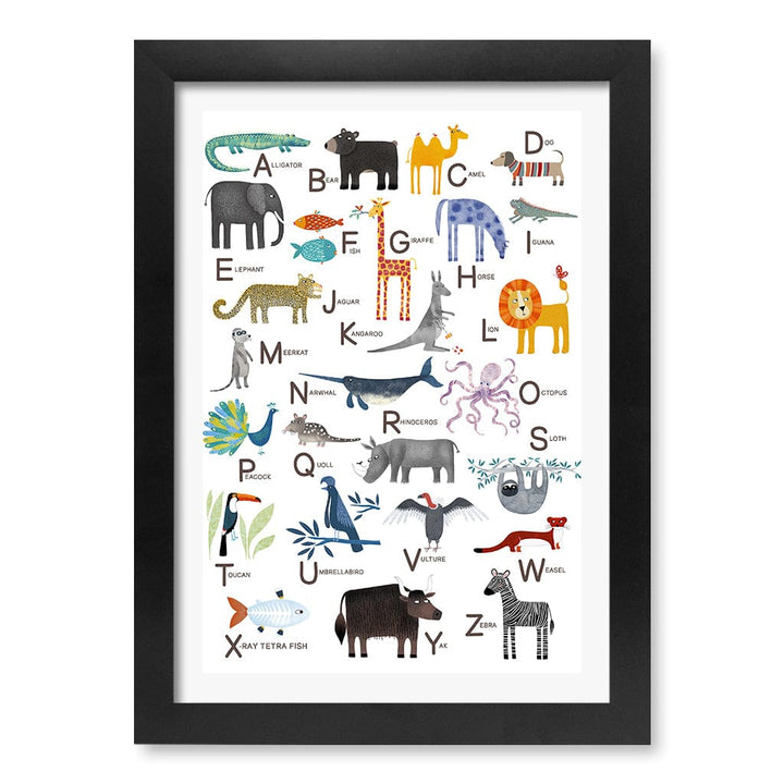 Alphabet Animals  Educational Nursery Wall Art Print A4 (21 x 29.7cm) / Matte Black Frame / White Border from our Australian Made Framed Wall Art, Prints & Posters collection by Profile Products (Australia) Pty Ltd