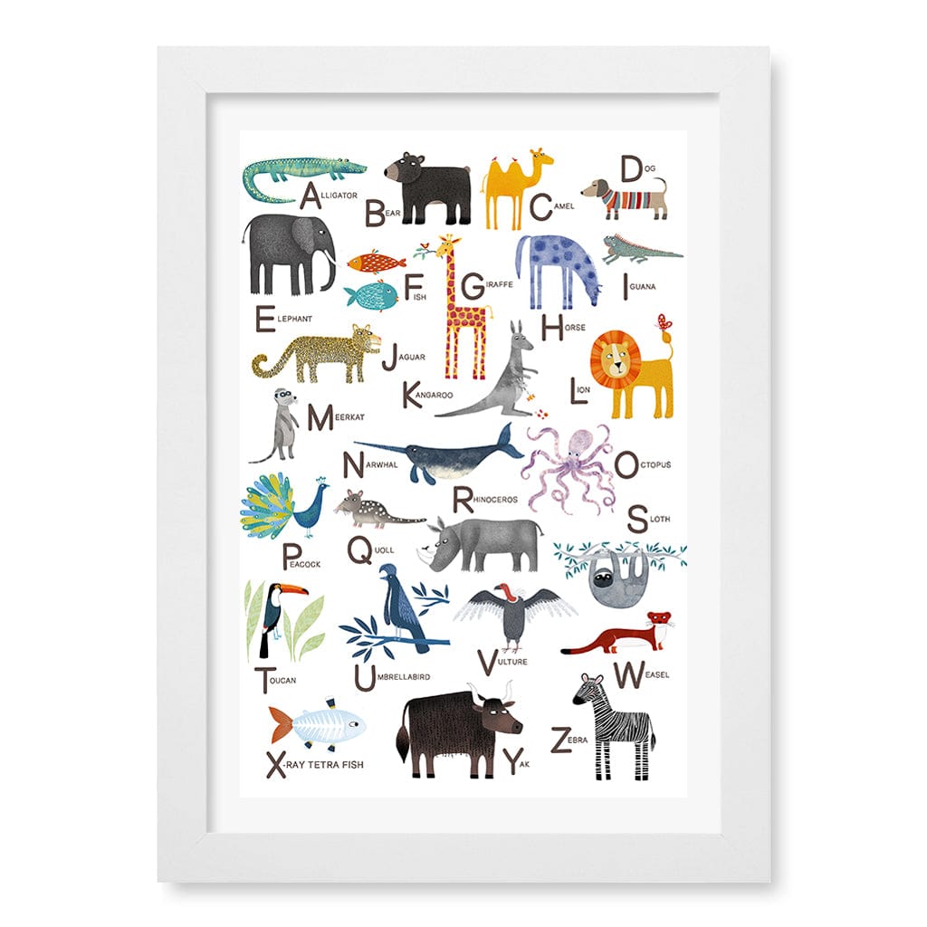 Alphabet Animals  Educational Nursery Wall Art Print A4 (21 x 29.7cm) / Matte White Frame / White Border from our Australian Made Framed Wall Art, Prints & Posters collection by Profile Products (Australia) Pty Ltd