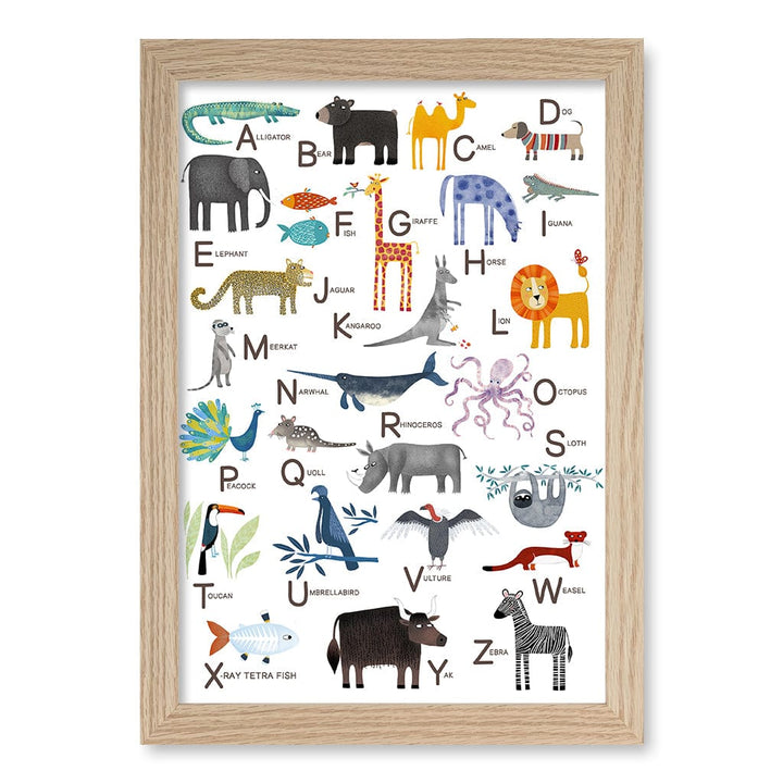 Alphabet Animals  Educational Nursery Wall Art Print A4 (21 x 29.7cm) / Natural Oak Frame / No Border from our Australian Made Framed Wall Art, Prints & Posters collection by Profile Products (Australia) Pty Ltd