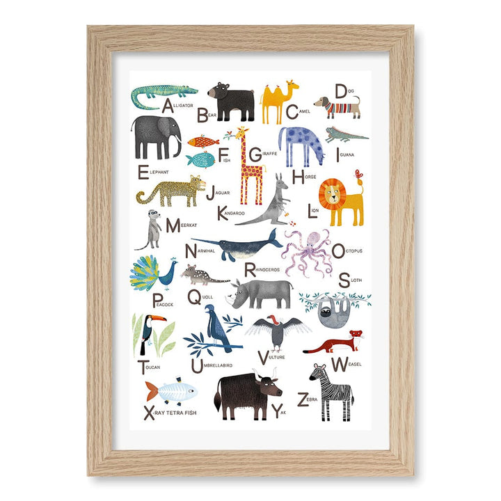 Alphabet Animals  Educational Nursery Wall Art Print A4 (21 x 29.7cm) / Natural Oak Frame / White Border from our Australian Made Framed Wall Art, Prints & Posters collection by Profile Products (Australia) Pty Ltd