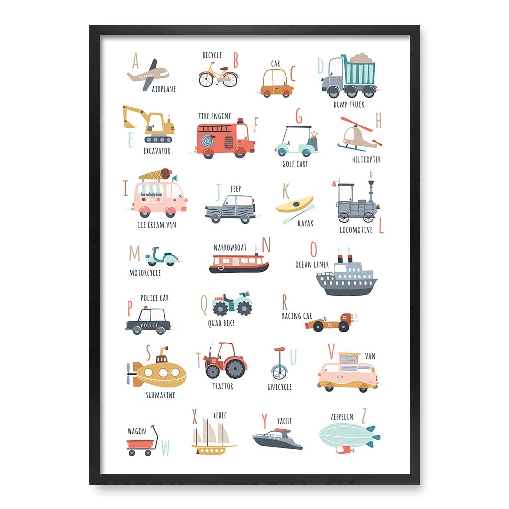 Alphabet Transport  Educational Nursery Wall Art Print A1 (59.4 x 84.1cm) / Matte Black Frame / No Border from our Australian Made Framed Wall Art, Prints & Posters collection by Profile Products (Australia) Pty Ltd