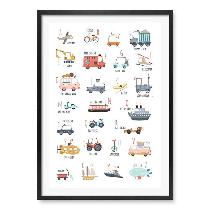 Alphabet Transport  Educational Nursery Wall Art Print A1 (59.4 x 84.1cm) / Matte Black Frame / White Border from our Australian Made Framed Wall Art, Prints & Posters collection by Profile Products (Australia) Pty Ltd