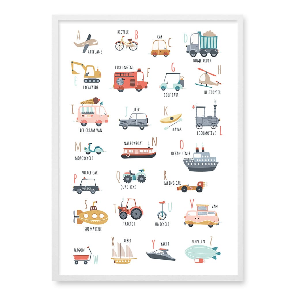 Alphabet Transport  Educational Nursery Wall Art Print A1 (59.4 x 84.1cm) / Matte White Frame / No Border from our Australian Made Framed Wall Art, Prints & Posters collection by Profile Products (Australia) Pty Ltd