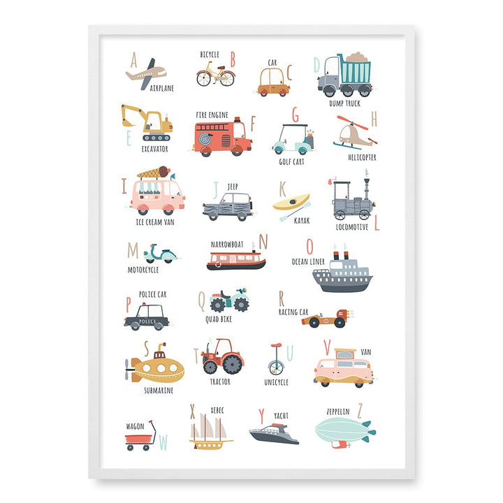 Alphabet Transport  Educational Nursery Wall Art Print A1 (59.4 x 84.1cm) / Matte White Frame / No Border from our Australian Made Framed Wall Art, Prints & Posters collection by Profile Products (Australia) Pty Ltd