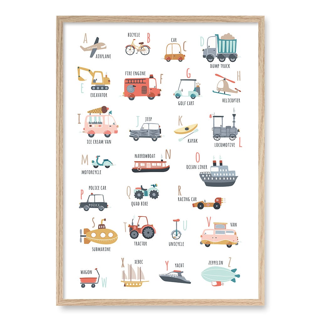 Alphabet Transport  Educational Nursery Wall Art Print A1 (59.4 x 84.1cm) / Natural Oak Frame / No Border from our Australian Made Framed Wall Art, Prints & Posters collection by Profile Products (Australia) Pty Ltd