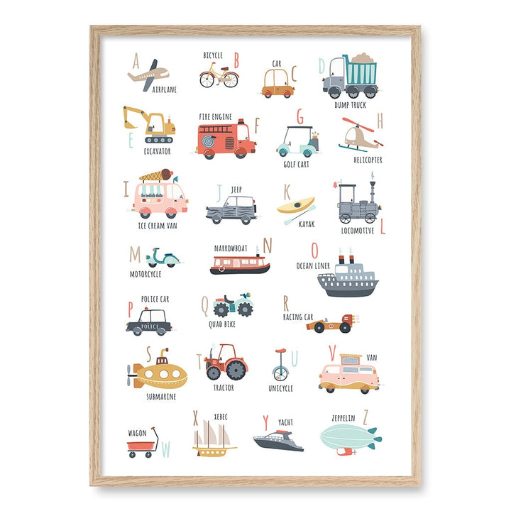 Alphabet Transport  Educational Nursery Wall Art Print A1 (59.4 x 84.1cm) / Natural Oak Frame / No Border from our Australian Made Framed Wall Art, Prints & Posters collection by Profile Products (Australia) Pty Ltd