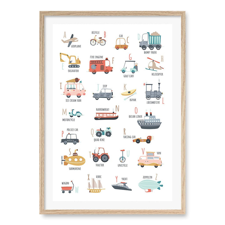 Alphabet Transport  Educational Nursery Wall Art Print A1 (59.4 x 84.1cm) / Natural Oak Frame / White Border from our Australian Made Framed Wall Art, Prints & Posters collection by Profile Products (Australia) Pty Ltd