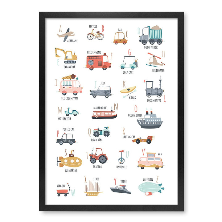 Alphabet Transport  Educational Nursery Wall Art Print A2 (42 x 59.4cm) / Matte Black Frame / No Border from our Australian Made Framed Wall Art, Prints & Posters collection by Profile Products (Australia) Pty Ltd