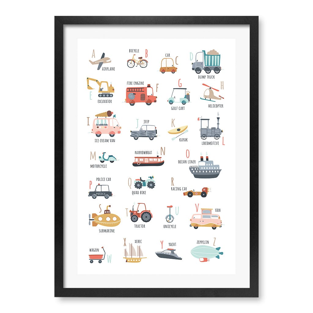 Alphabet Transport  Educational Nursery Wall Art Print A2 (42 x 59.4cm) / Matte Black Frame / White Border from our Australian Made Framed Wall Art, Prints & Posters collection by Profile Products (Australia) Pty Ltd