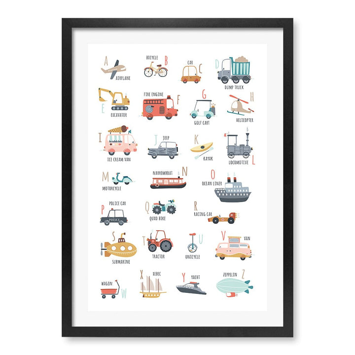 Alphabet Transport  Educational Nursery Wall Art Print A2 (42 x 59.4cm) / Matte Black Frame / White Border from our Australian Made Framed Wall Art, Prints & Posters collection by Profile Products (Australia) Pty Ltd