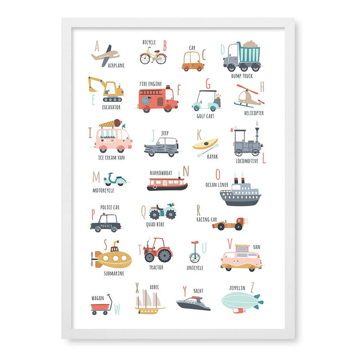 Alphabet Transport  Educational Nursery Wall Art Print A2 (42 x 59.4cm) / Matte White Frame / No Border from our Australian Made Framed Wall Art, Prints & Posters collection by Profile Products (Australia) Pty Ltd