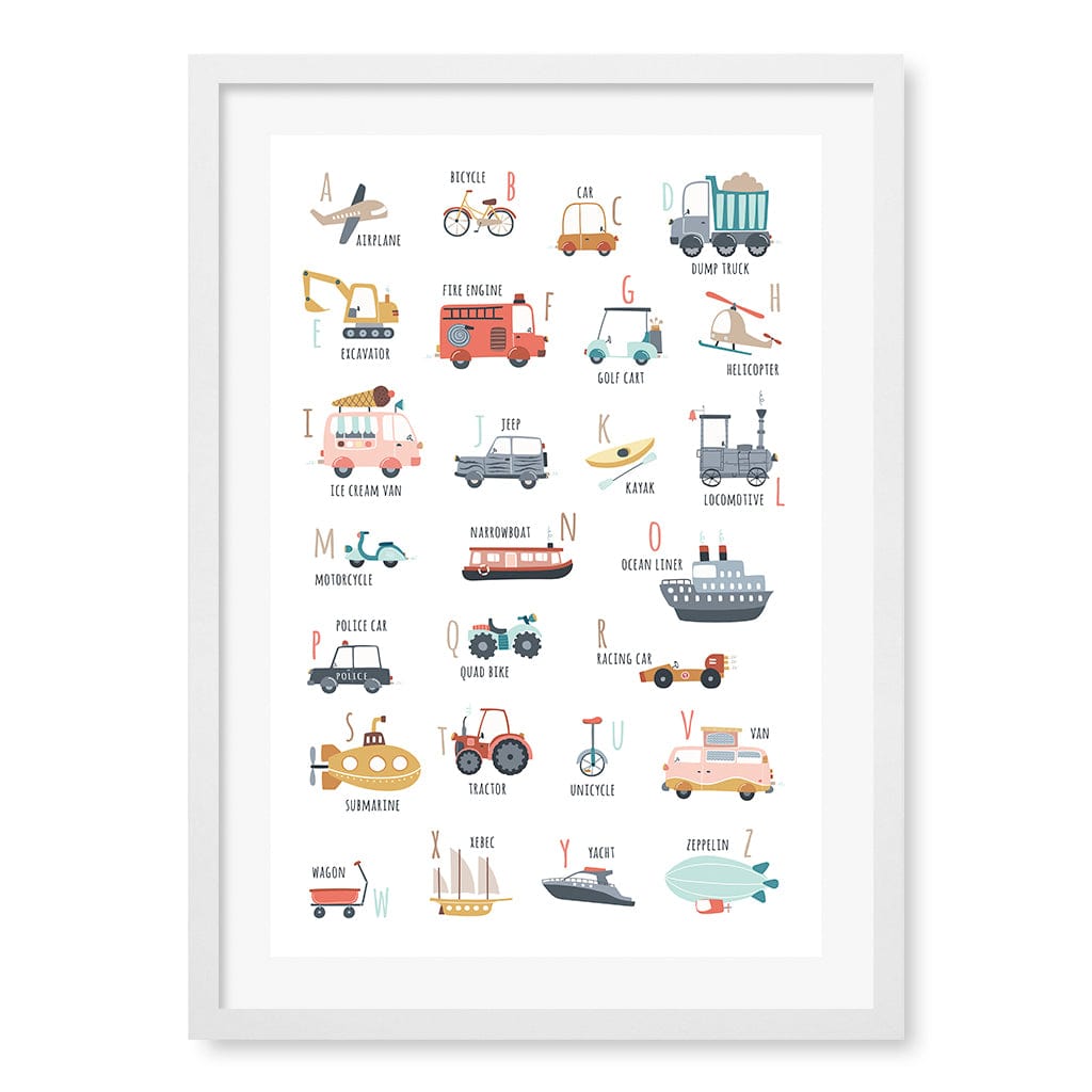 Alphabet Transport  Educational Nursery Wall Art Print A2 (42 x 59.4cm) / Matte White Frame / White Border from our Australian Made Framed Wall Art, Prints & Posters collection by Profile Products (Australia) Pty Ltd