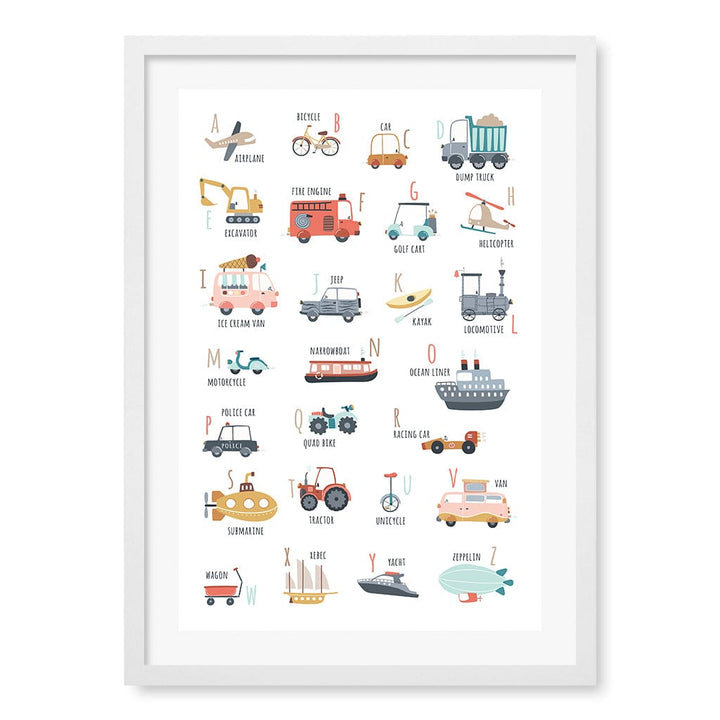 Alphabet Transport  Educational Nursery Wall Art Print A2 (42 x 59.4cm) / Matte White Frame / White Border from our Australian Made Framed Wall Art, Prints & Posters collection by Profile Products (Australia) Pty Ltd