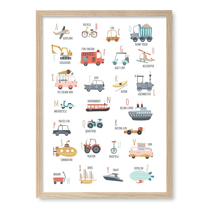 Alphabet Transport  Educational Nursery Wall Art Print A2 (42 x 59.4cm) / Natural Oak Frame / No Border from our Australian Made Framed Wall Art, Prints & Posters collection by Profile Products (Australia) Pty Ltd