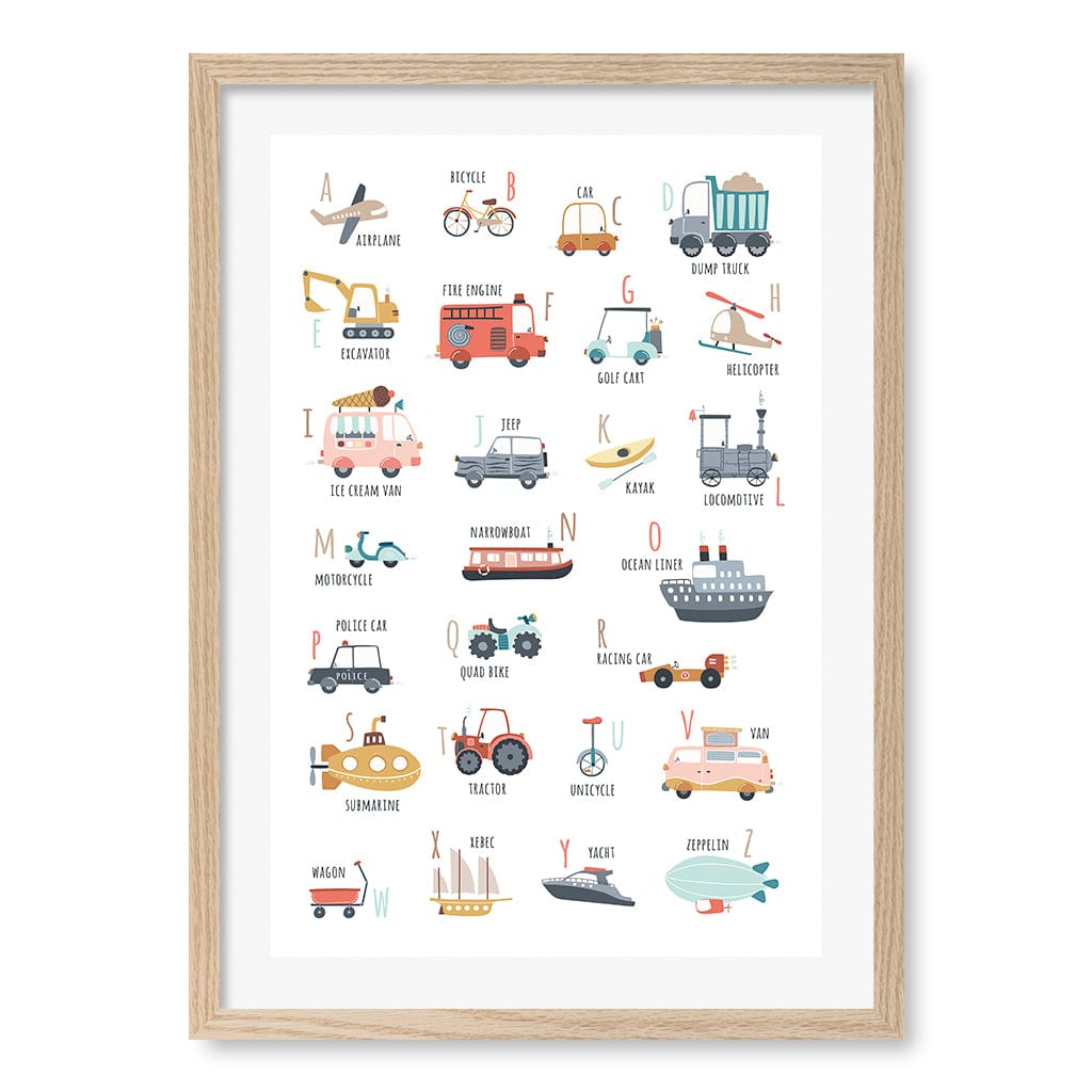 Alphabet Transport  Educational Nursery Wall Art Print A2 (42 x 59.4cm) / Natural Oak Frame / White Border from our Australian Made Framed Wall Art, Prints & Posters collection by Profile Products (Australia) Pty Ltd