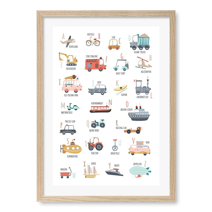 Alphabet Transport  Educational Nursery Wall Art Print A2 (42 x 59.4cm) / Natural Oak Frame / White Border from our Australian Made Framed Wall Art, Prints & Posters collection by Profile Products (Australia) Pty Ltd