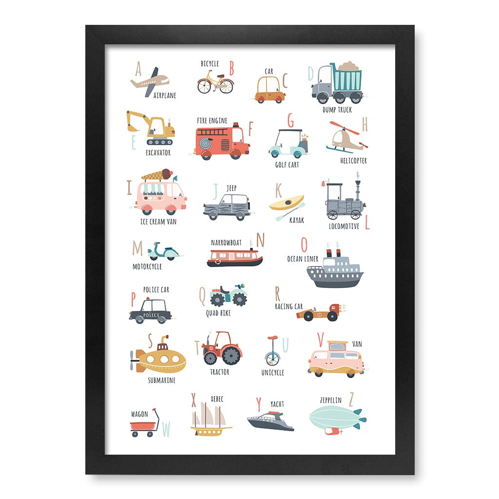 Alphabet Transport  Educational Nursery Wall Art Print A3 (29.7 x 42cm) / Matte Black Frame / No Border from our Australian Made Framed Wall Art, Prints & Posters collection by Profile Products (Australia) Pty Ltd