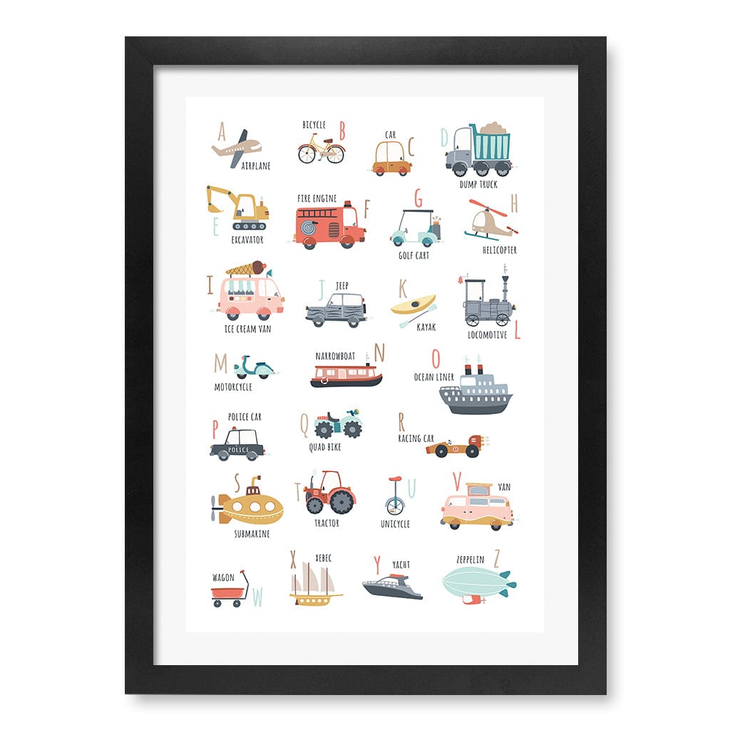 Alphabet Transport  Educational Nursery Wall Art Print A3 (29.7 x 42cm) / Matte Black Frame / White Border from our Australian Made Framed Wall Art, Prints & Posters collection by Profile Products (Australia) Pty Ltd