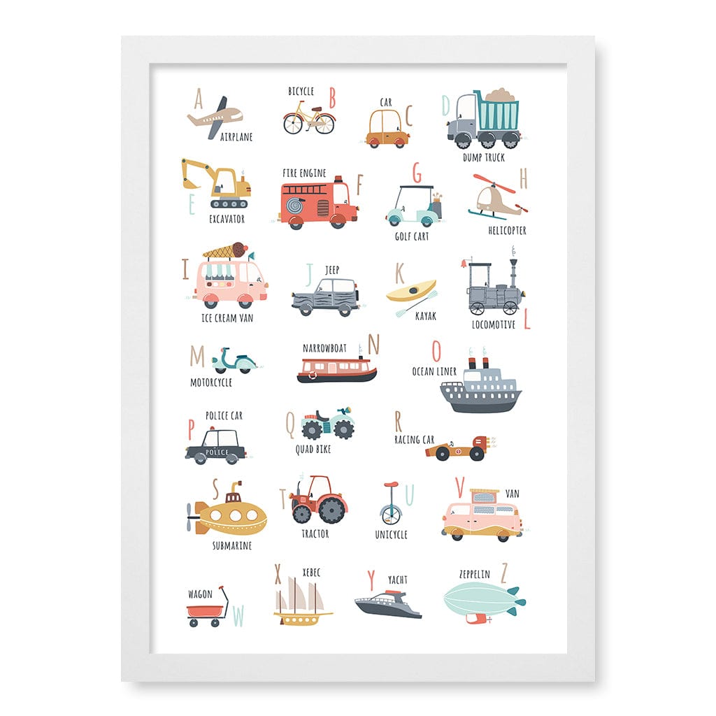 Alphabet Transport  Educational Nursery Wall Art Print A3 (29.7 x 42cm) / Matte White Frame / No Border from our Australian Made Framed Wall Art, Prints & Posters collection by Profile Products (Australia) Pty Ltd