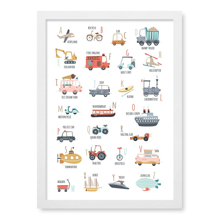 Alphabet Transport  Educational Nursery Wall Art Print A3 (29.7 x 42cm) / Matte White Frame / No Border from our Australian Made Framed Wall Art, Prints & Posters collection by Profile Products (Australia) Pty Ltd