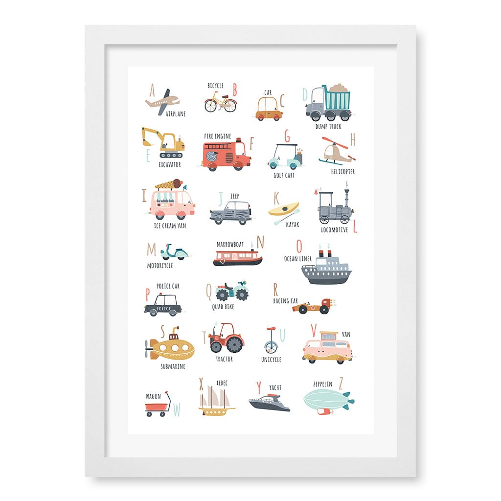 Alphabet Transport  Educational Nursery Wall Art Print A3 (29.7 x 42cm) / Matte White Frame / White Border from our Australian Made Framed Wall Art, Prints & Posters collection by Profile Products (Australia) Pty Ltd