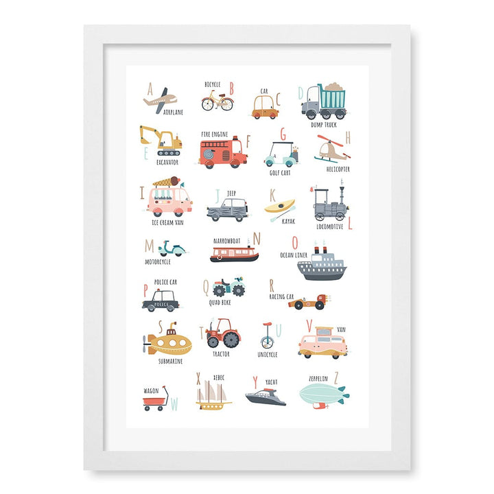 Alphabet Transport  Educational Nursery Wall Art Print A3 (29.7 x 42cm) / Matte White Frame / White Border from our Australian Made Framed Wall Art, Prints & Posters collection by Profile Products (Australia) Pty Ltd