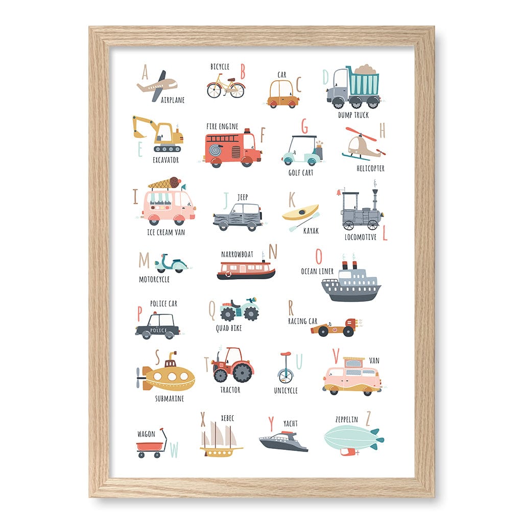 Alphabet Transport  Educational Nursery Wall Art Print A3 (29.7 x 42cm) / Natural Oak Frame / No Border from our Australian Made Framed Wall Art, Prints & Posters collection by Profile Products (Australia) Pty Ltd
