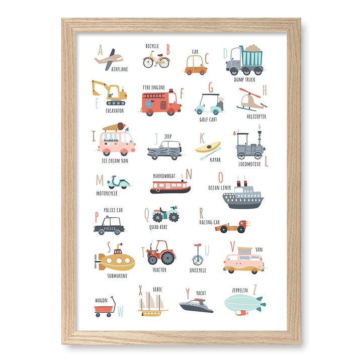 Alphabet Transport  Educational Nursery Wall Art Print A3 (29.7 x 42cm) / Natural Oak Frame / No Border from our Australian Made Framed Wall Art, Prints & Posters collection by Profile Products (Australia) Pty Ltd
