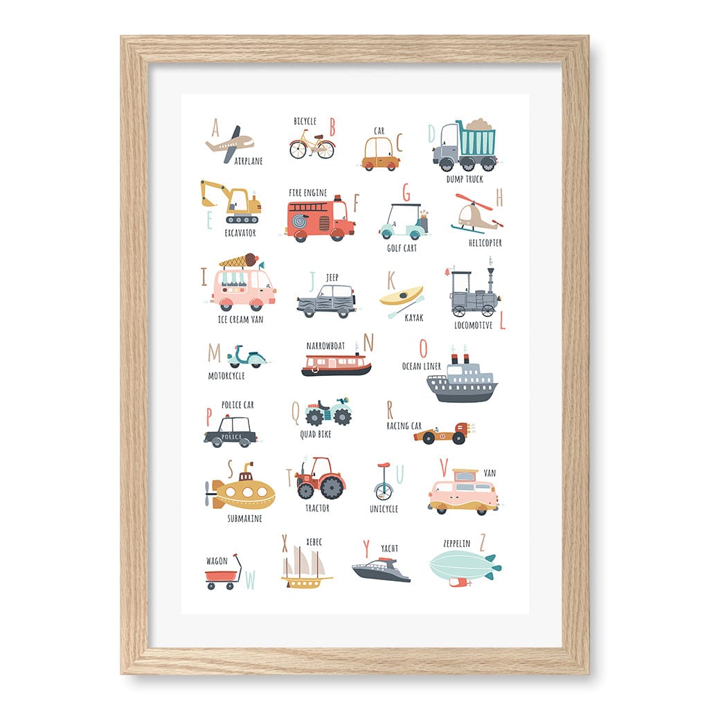 Alphabet Transport  Educational Nursery Wall Art Print A3 (29.7 x 42cm) / Natural Oak Frame / White Border from our Australian Made Framed Wall Art, Prints & Posters collection by Profile Products (Australia) Pty Ltd