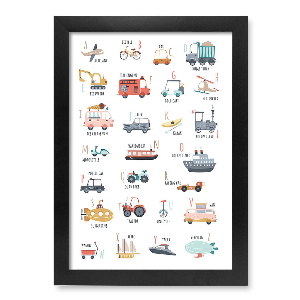 Alphabet Transport  Educational Nursery Wall Art Print A4 (21 x 29.7cm) / Matte Black Frame / No Border from our Australian Made Framed Wall Art, Prints & Posters collection by Profile Products (Australia) Pty Ltd