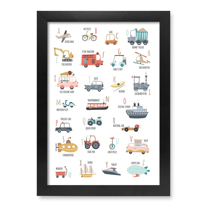 Alphabet Transport  Educational Nursery Wall Art Print A4 (21 x 29.7cm) / Matte Black Frame / No Border from our Australian Made Framed Wall Art, Prints & Posters collection by Profile Products (Australia) Pty Ltd