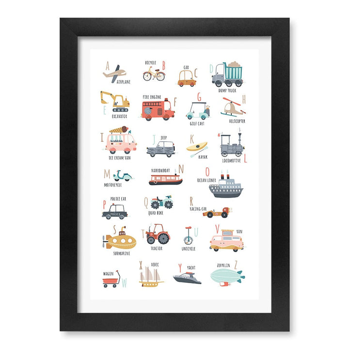 Alphabet Transport  Educational Nursery Wall Art Print A4 (21 x 29.7cm) / Matte Black Frame / White Border from our Australian Made Framed Wall Art, Prints & Posters collection by Profile Products (Australia) Pty Ltd