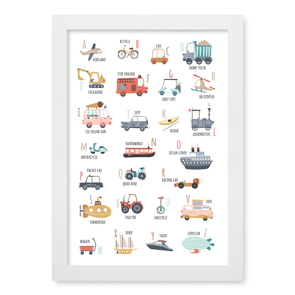 Alphabet Transport  Educational Nursery Wall Art Print A4 (21 x 29.7cm) / Matte White Frame / No Border from our Australian Made Framed Wall Art, Prints & Posters collection by Profile Products (Australia) Pty Ltd
