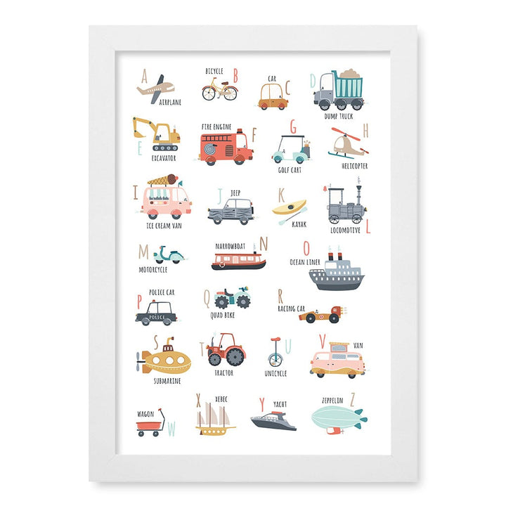 Alphabet Transport  Educational Nursery Wall Art Print A4 (21 x 29.7cm) / Matte White Frame / No Border from our Australian Made Framed Wall Art, Prints & Posters collection by Profile Products (Australia) Pty Ltd