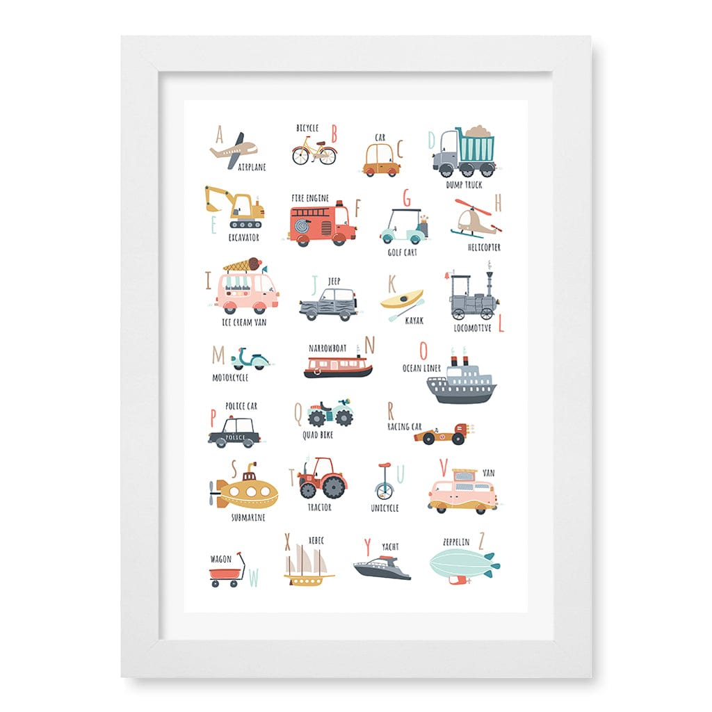 Alphabet Transport  Educational Nursery Wall Art Print A4 (21 x 29.7cm) / Matte White Frame / White Border from our Australian Made Framed Wall Art, Prints & Posters collection by Profile Products (Australia) Pty Ltd