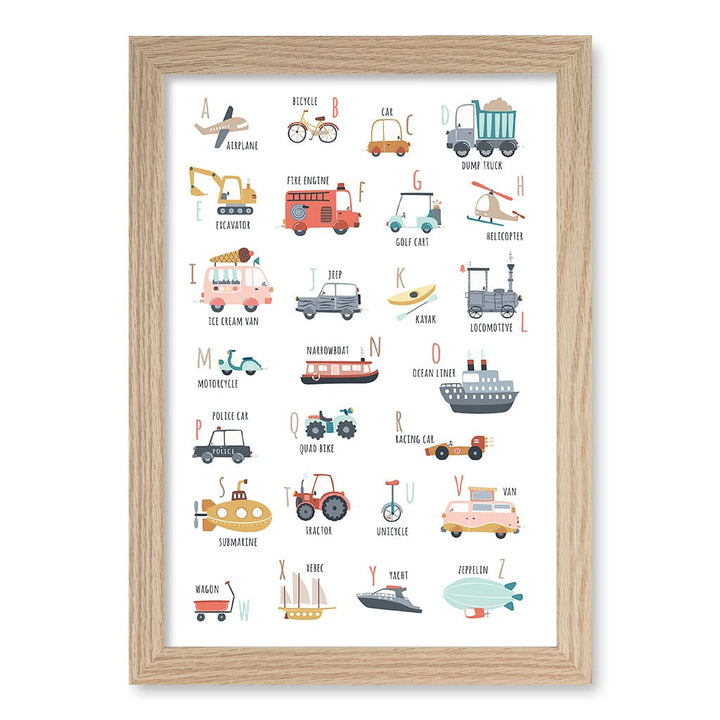Alphabet Transport  Educational Nursery Wall Art Print A4 (21 x 29.7cm) / Natural Oak Frame / No Border from our Australian Made Framed Wall Art, Prints & Posters collection by Profile Products (Australia) Pty Ltd