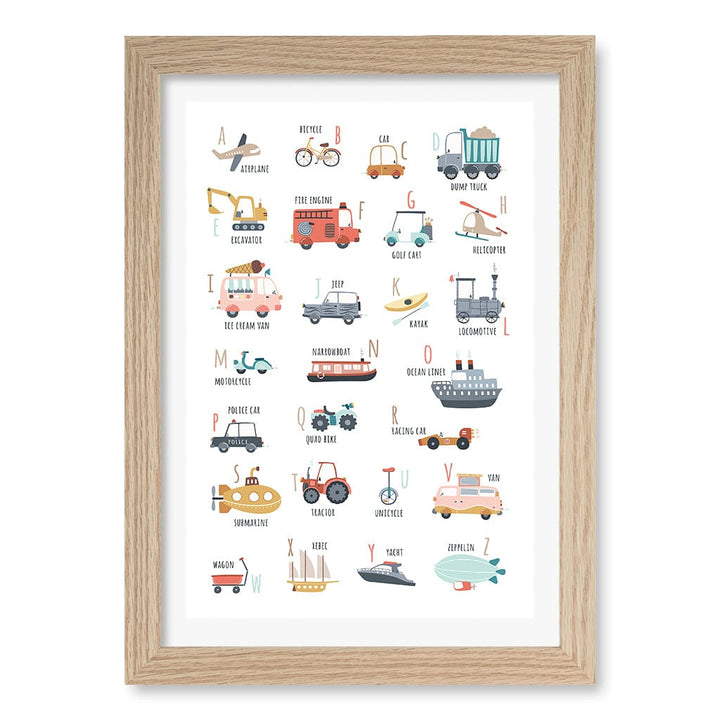 Alphabet Transport  Educational Nursery Wall Art Print A4 (21 x 29.7cm) / Natural Oak Frame / White Border from our Australian Made Framed Wall Art, Prints & Posters collection by Profile Products (Australia) Pty Ltd