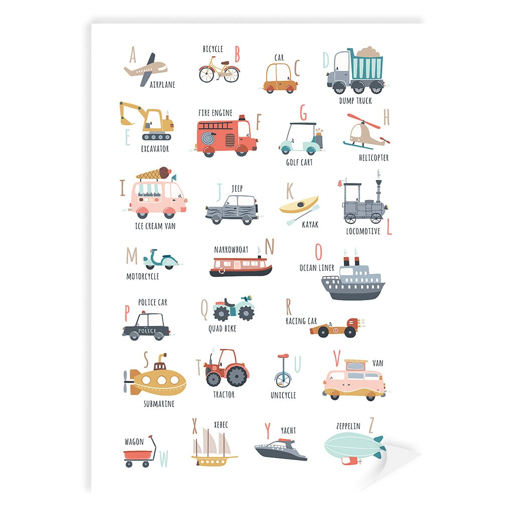 Alphabet Transport  Educational Nursery Wall Art Print A4 (21 x 29.7cm) / Print Only / No Border from our Australian Made Framed Wall Art, Prints & Posters collection by Profile Products (Australia) Pty Ltd