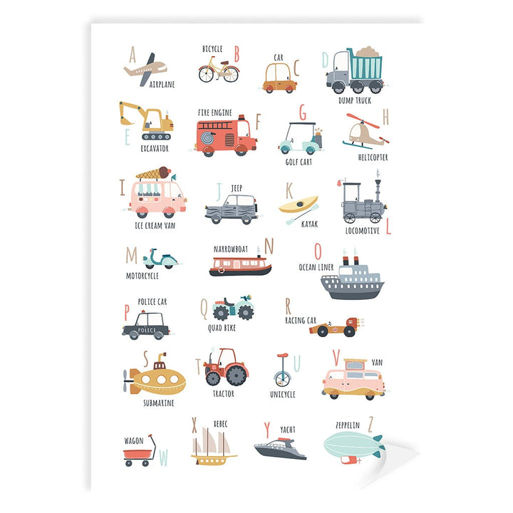Alphabet Transport  Educational Nursery Wall Art Print A4 (21 x 29.7cm) / Print Only / No Border from our Australian Made Framed Wall Art, Prints & Posters collection by Profile Products (Australia) Pty Ltd